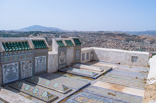 Fez, Morocco – September 03, 2018: An old Muslim cemetery, overlooking the city of Fez in Morocco, North Africa