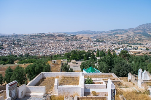 Fez, Morocco – September 03, 2018: An old Muslim cemetery, overlooking the city of Fez in Morocco, North Africa