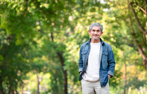 portrait asian senior man walking in the nature park, older adult male with grey hair smiling and posing to a camera