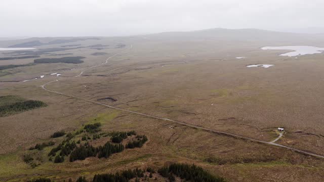 Drone shot of a forest plantation and landscape on the Hebridean moorland.
