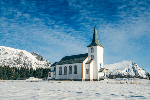 Valberg Church in the village of Valberg during a beautiful winter day. Valberg church is a parish church in the municipality of Vestvågøy in the Lofoten archipel in Nordland county, Norway.