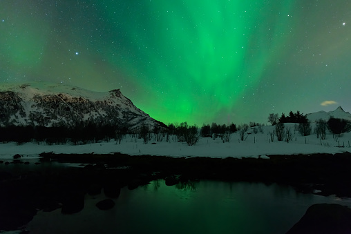 Northern Lights, polar light or Aurora Borealis in the night sky over the Lofoten islands in Northern Norway. Wide panoramic image with snow covered mountains and a lake in the foreground.