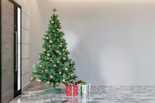 Side view of an empty modern elegant unfurnished interior - entrance hall with a a decorated Christmas tree with gifts in the corner in front of a white plaster wall background, on the white and gray marble tiled floor, and copy space. A large modern black and hardwood entrance door on a cement tiled pattern wall background. 3D rendered image.