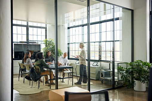 Full length view of diverse business group photographed through window as they listen to standing creative director and discuss ideas.