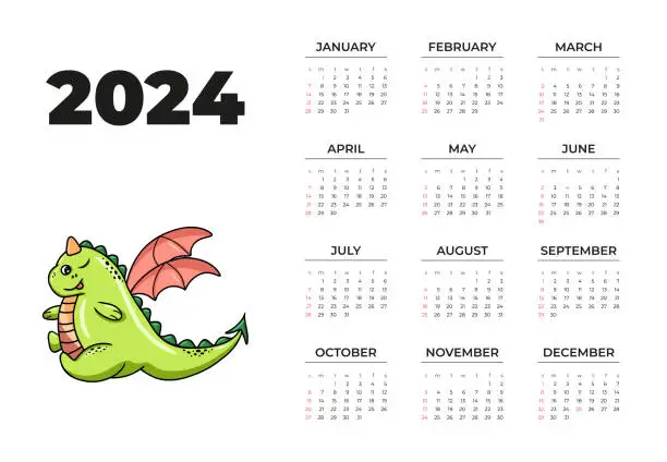 Vector illustration of Cute Dragon calendar for 2024, the symbol of the year. horizontal format, vector, on white background