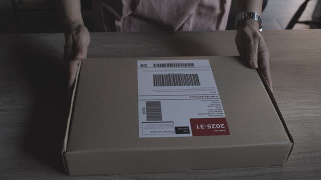 Businesswoman closing a box with shipping label after she finished packing an order