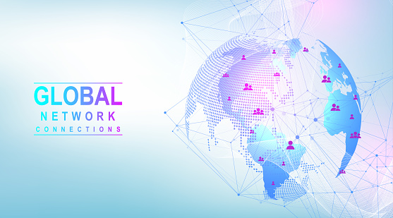 Global network connection concept. Big data visualization. Social network communication in the global computer networks. Internet technology. Business. Science. Vector illustration.