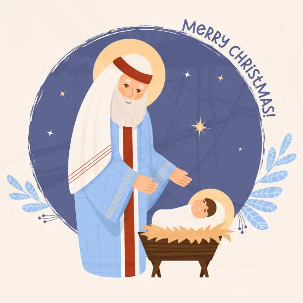 Vector illustration of Merry Christmas retro card. old man Saint Joseph with baby Jesus Christ in manger. Holy Forefather. Vector illustration in cartoon flat style for design religious themes, Catholic Christian holidays.