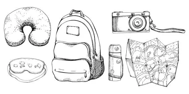 Vector illustration of Ink hand drawn vector graphic outline sketch.Tourist accessories set backpack, old camera, navigation map, vacuum flask, sleeping mask and pillow. Tourism, travel, brochure, guide, print, card tattoo.