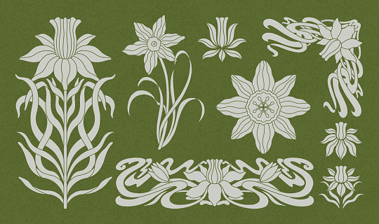 Floral narcissus plant in art nouveau 1920-1930. Hand drawn narcissus in a linear style with weaves of lines, leaves and flowers. Vector illustration.