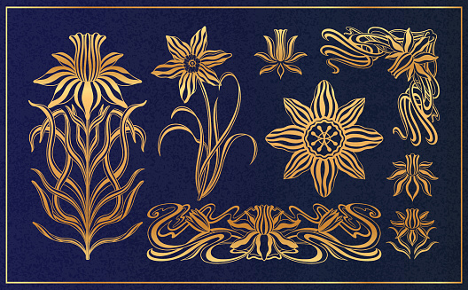 Floral narcissus plant in art nouveau 1920-1930. Hand drawn narcissus in a linear style with weaves of lines, leaves and flowers. Vector illustration.