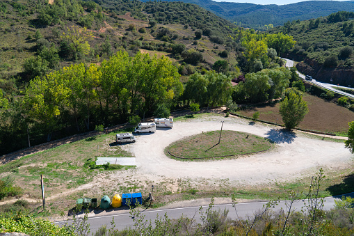 Aire for motorhomes and campervans parking with beautiful countryside Frias, Burgos province Castile and León, Spain