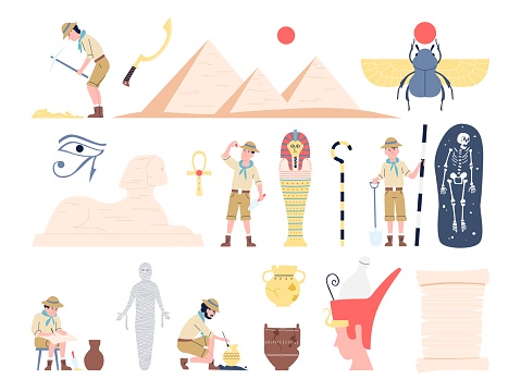 Archeology characters and historical discovery. Archaeologist treasure, tools and remains. Ancient greek and egypt, historic artifacts recent vector set of archeology discovery illustration