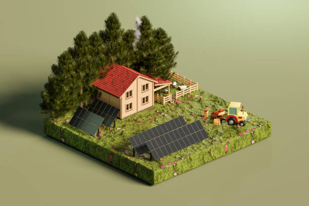 Illustration of house with solar panels in green countryside. 3d isometric view stock photo