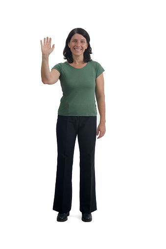 front view of a woman standing waving on white background