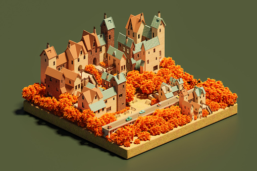 3d rendering of architect design of various multistoried isometric buildings in low poly style in autumn park on wooden board against green surface in daylight