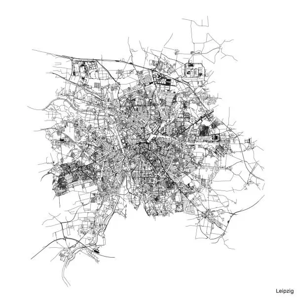 Vector illustration of Leipzig city map with roads and streets, Germany. Black and white. Vector outline illustration.