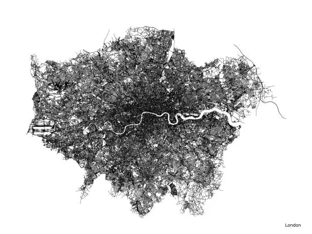 Vector illustration of London city map with roads and streets, United Kingdom. Vector outline illustration.