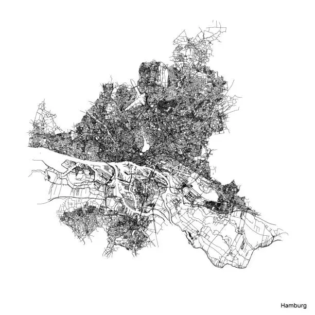 Vector illustration of Hamburg city map with roads and streets, Germany. Black and white. Vector outline illustration.