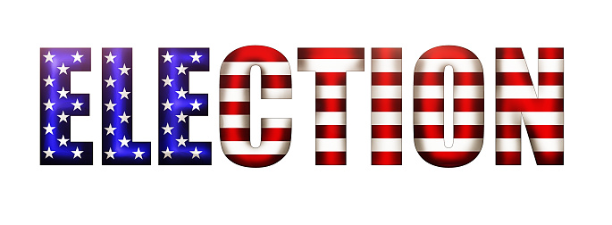 The word Election, in the colors of the American national flag, urges US citizens to vote in their democratic elections.