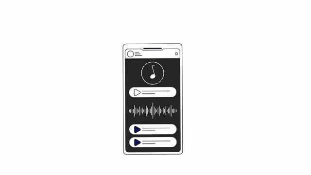 Music player app on smartphone bw outline 2D object animation