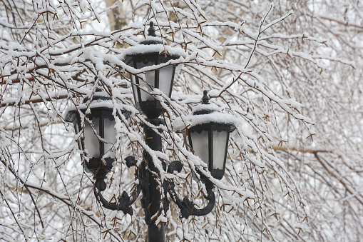 Rustic street lamp in snowy weather