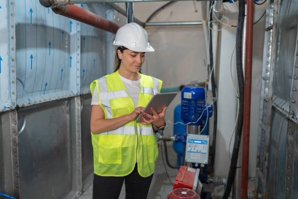 ingegnere donna che controlla il sistema di stoccaggio dell'acqua - water heater boiler water pipe basement foto e immagini stock