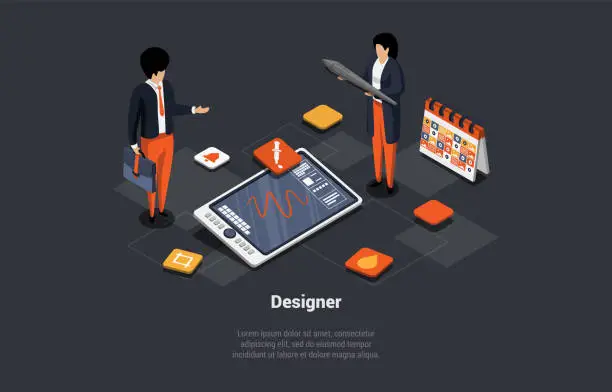 Vector illustration of 3D Design And Freelance Work. Creative Team Of Graphic Designers. Man And Woman Designers Make Artwork Of Illustration On Graphic Tablet. Workspace of Digital Artist. Isometric 3d Vector Illustration