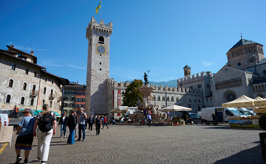 Pietrasanta old town view at sunset, San Martino cathedral and torre civica. Versilia Lucca Tuscany Italy Europe