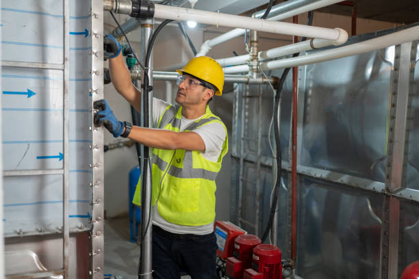 lavoratore maschio che installa il sistema di stoccaggio dell'acqua - water heater boiler water pipe basement foto e immagini stock