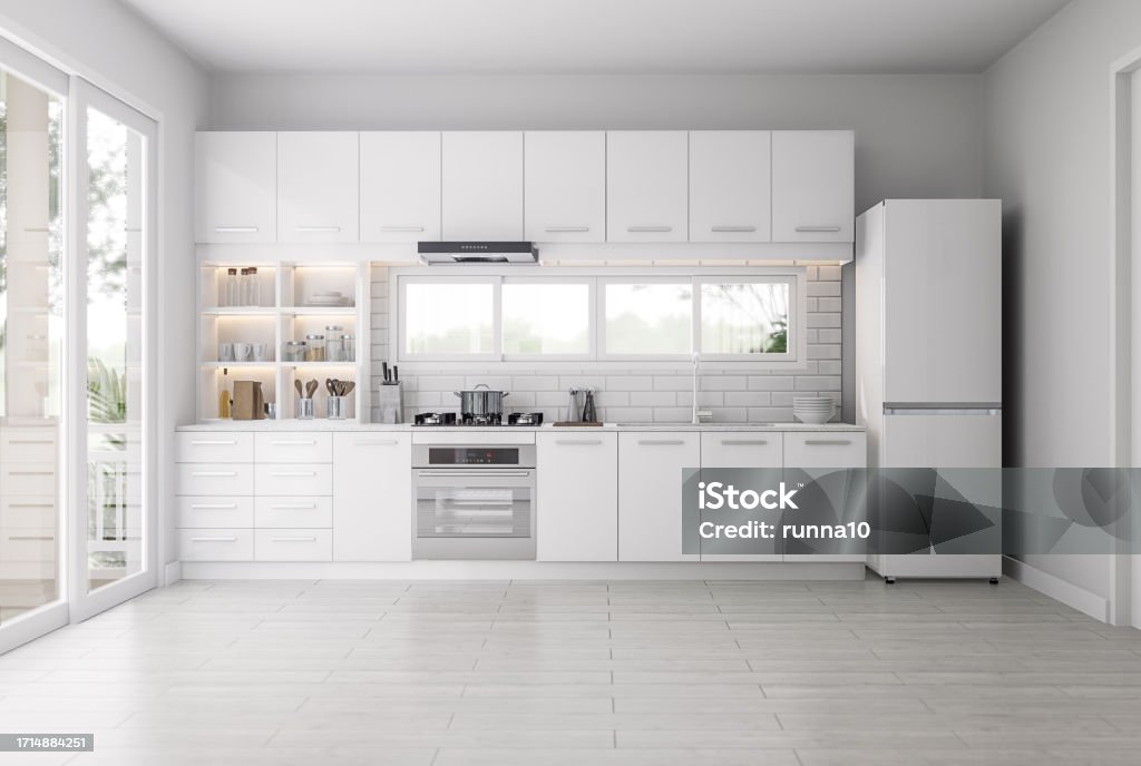 Kitchen Empty 360 Modern Style Empty Kitchen With White Counter Set Background 3d Render ...