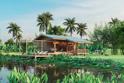 Modern contemporary tropical style wooden farmhouse with a large balcony close to a lotus pond 3d render, surrounded by lush nature, with livestock.