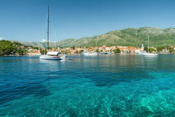 Cavtat town in Dalmatia region, Croatia. Bay in Adriatic sea with yachts and boats. Summer vacation resort