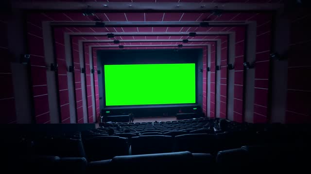Cinema Theater Green Screen Movie View Zoom In Dark Room.