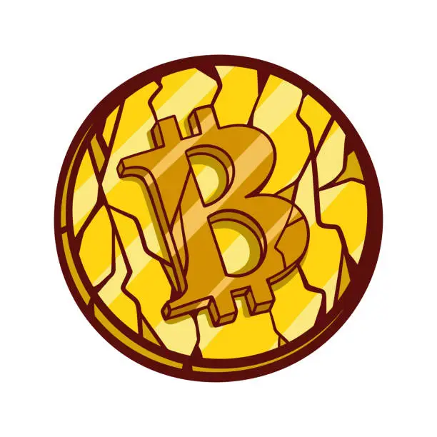 Vector illustration of Cracked bitcoin cartoon isolated on white