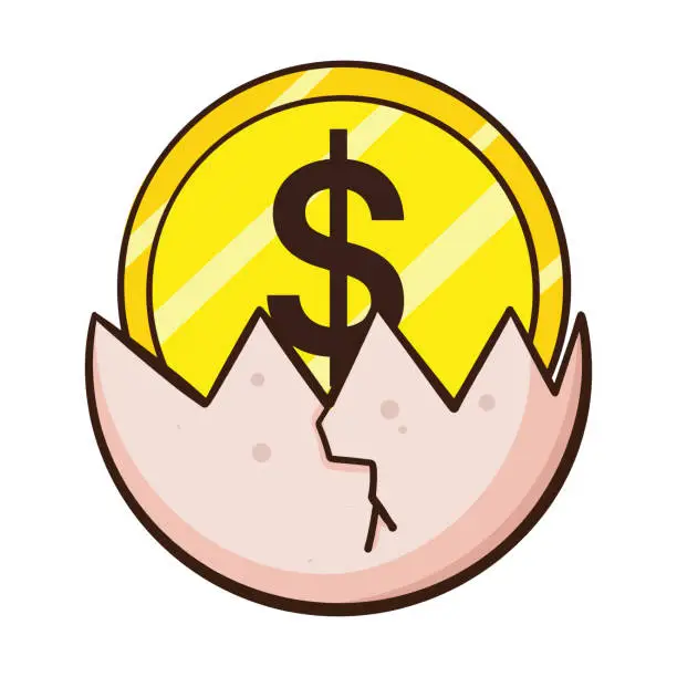 Vector illustration of Money coin hatched from an egg cartoon