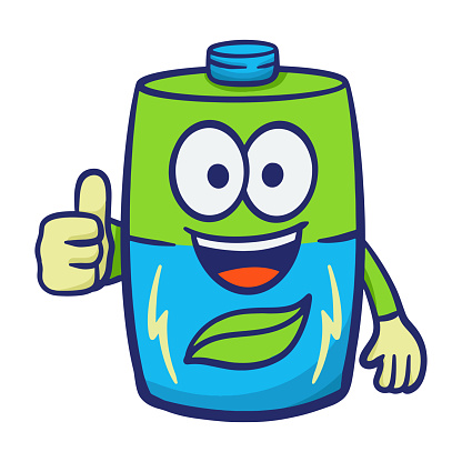 Organic green battery cartoon with thumb up finger