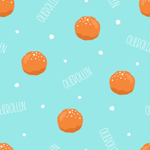 stockillustraties, clipart, cartoons en iconen met seamless pattern with oliebollen, snow and basic text on turquoise background. dutch traditional doughnuts with sugar. fried sweets for new year celebration. food theme wallpaper. - oliebol