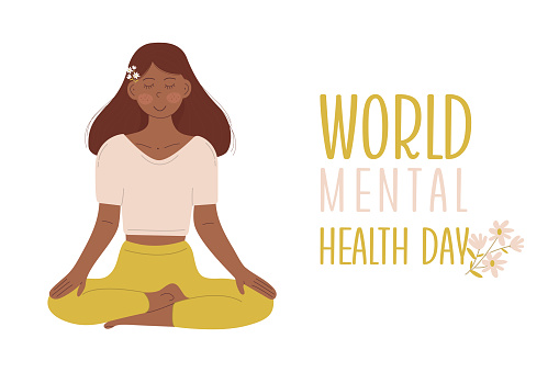 World Mental Health Day. Mentally healthy girl vector poster, banner, flyer