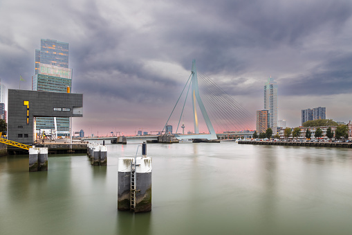 The Erasmus bridge, also know as the swan, a combined cable-stayed and bascule bridge in the centre of Rotterdam during sunset and early blue hour with a dramatic cloudy sky.