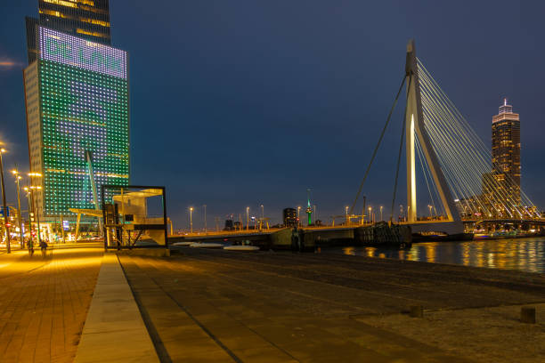 The Erasmus bridge, also know as the swan, a combined cable-stayed and bascule bridge in the centre of Rotterdam during sunset and early blue hour with a dramatic cloudy sky.