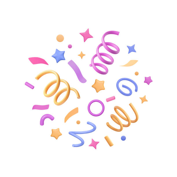 3D party confetti render. Plastic spirals, cartoon stars, squiggles, circle, ribbon splash. Isolated colorful firecracker elements. Vector Illustration for birthday, new year banner design. you win graphic stock illustrations