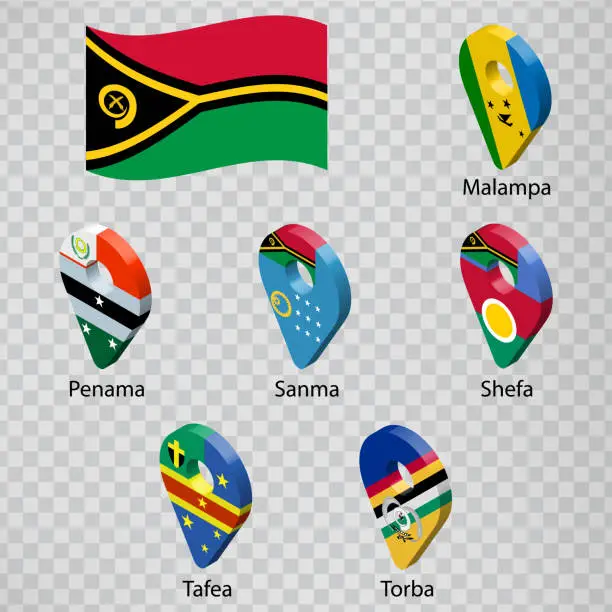 Vector illustration of Six flags the  Provinces of Vanuatu -  alphabetical order with name.  Set of 3d geolocation signs like flags Provinces of Vanuatu. Six 3d geolocation signs for your design. EPS10