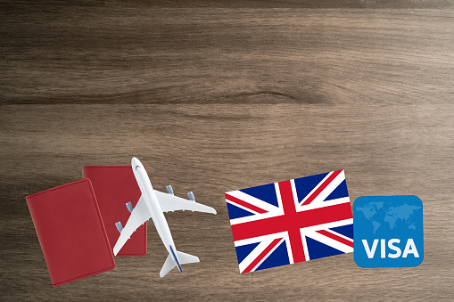 Visa with United Kingdom flag, passport and airplane, trip travel immigration.