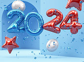 New Year Concept with Shiny 2024 Balloons and Confetti