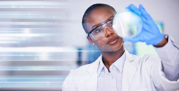科学、研究室の黒人女性、自然のモックアップの研究、将来の技術とバイオテクノロジーの研究。製薬研究、開発、成長におけるアフリカの科学者、ビジョン、実験室の革新。 - agriculture research science biology ストックフォトと画像