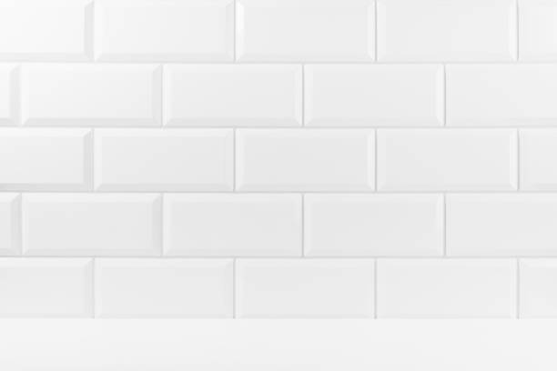 istock Soft light white abstract scene with white glossy ceramic rectangle tiles on wall, wood floor mockup. Abstract interior of bathroom, kitchen, spa salon or scene for presentation, show, design. 1714944917