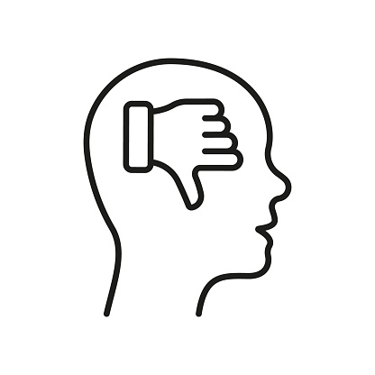 Negative Thinking Line Icon. Thumb Down in Human Head Outline Sign. Mental Disorder, Bad Mood Linear Pictogram. Pessimism, Frustration Symbol. Editable Stroke. Isolated Vector Illustration.