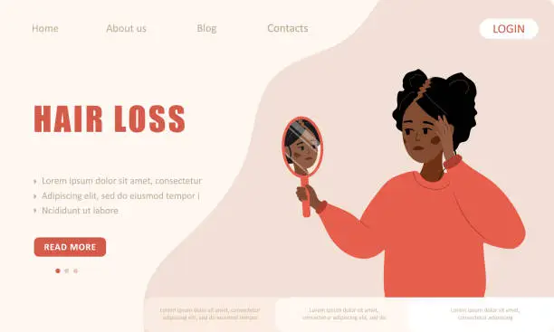 Vector illustration of Hair loss concept. Landing page template. Sad african woman with baldness disease and problems of the scalp. Unhappy female character with mirror. Vector illustration in flat cartoon style