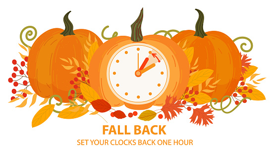 Fall back time concept banner. Pumpkins with clock on the fall background. The handles of clock turn back on hour. Daylight saving time ends reminder. Vector illustration